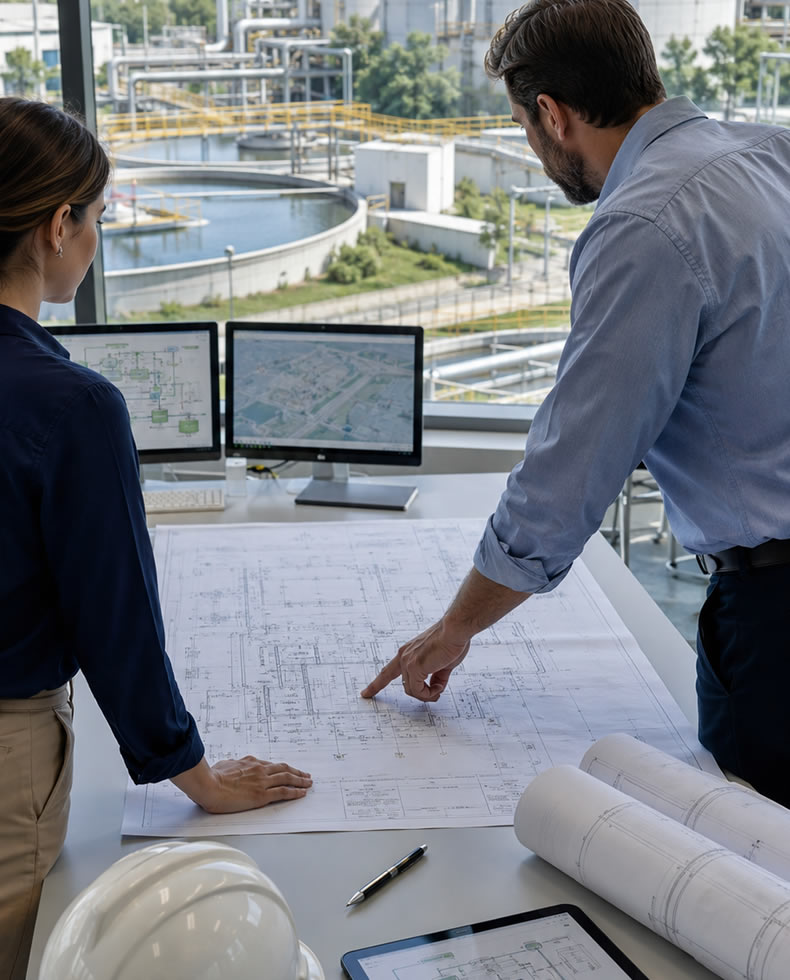 Consulenza ambientale Monza e Brianza: ingegneri al lavoro su progetti di depurazione acque reflue. Impianto industriale sullo sfondo.