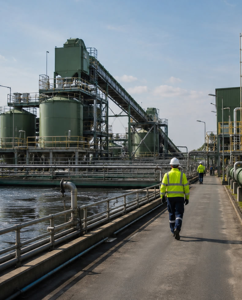 Impianto di smaltimento rifiuti Monza Brianza: operai al lavoro in sito industriale con macchinari per la gestione rifiuti.