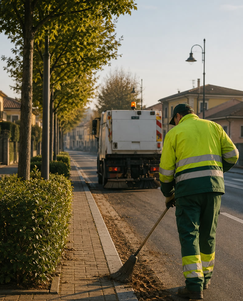 Servizio di igiene urbana a Monza Brianza: operatore ecologico con scopa e camion per la pulizia stradale.