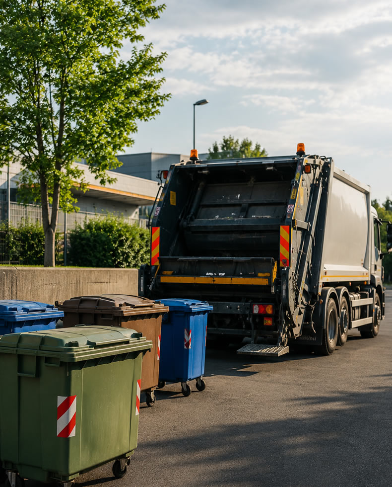 Servizio di raccolta rifiuti Brianza: camion della spazzatura e contenitori colorati per la differenziata. Smaltimento ecologico.