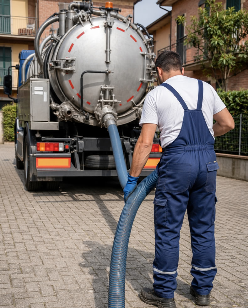 Autospurgo a Monza Brianza: addetto collega tubo a camion per spurghi civili e industriali. Servizio professionale.